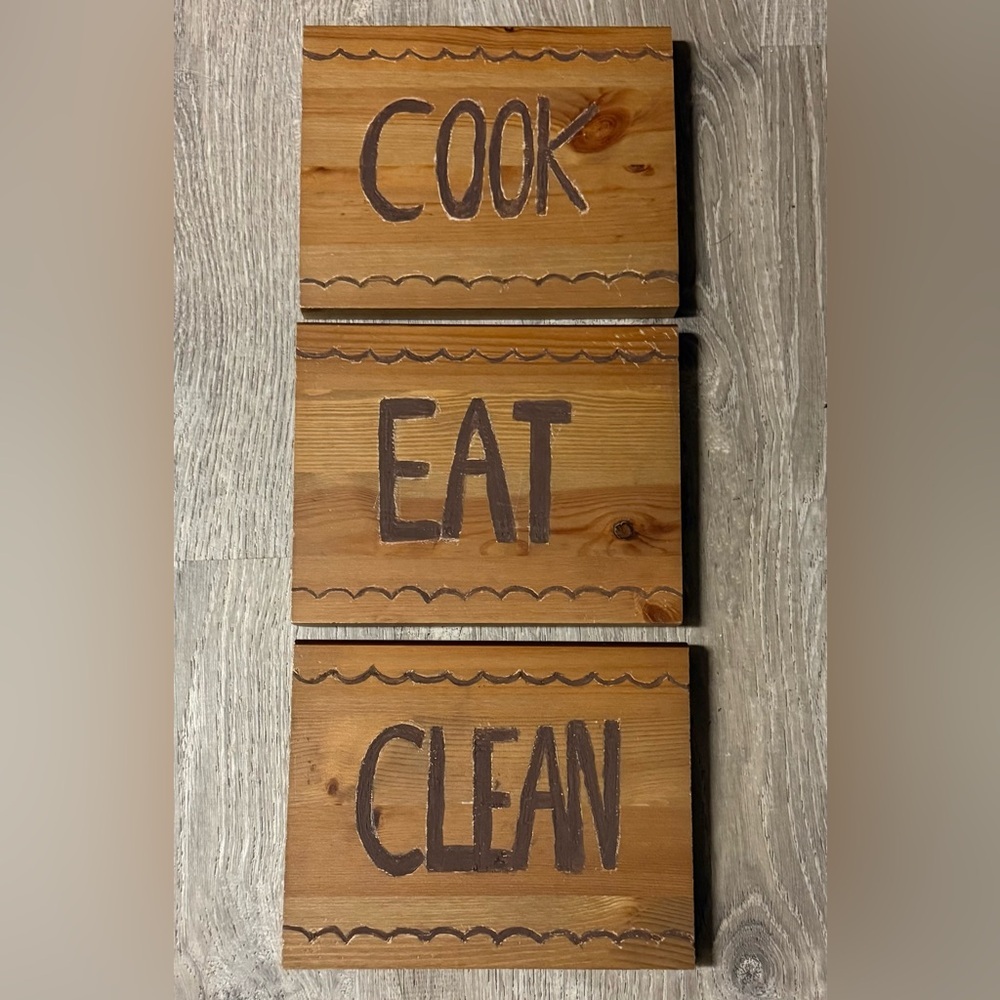 Farmhouse COOK EAT CLEAN Wood Wall Signs Set (3) Rustic Kitchen Decor - Picture 2 of 4